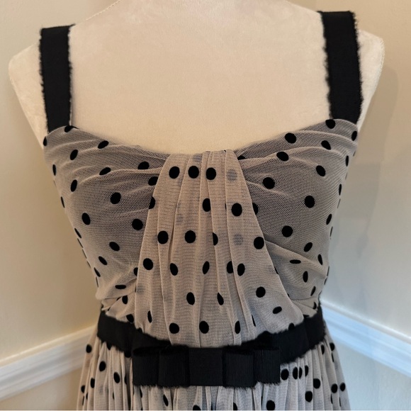 Julienne W. XS Cream Mesh Mini Dress w/ Velvet Black Polka Dots & Bow - Picture 2 of 7